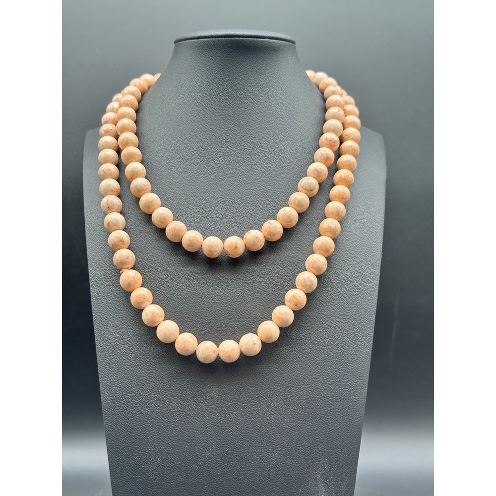 Vintage Natural Stone Bead Necklace Long Strand Round Beige Tan Beads‎